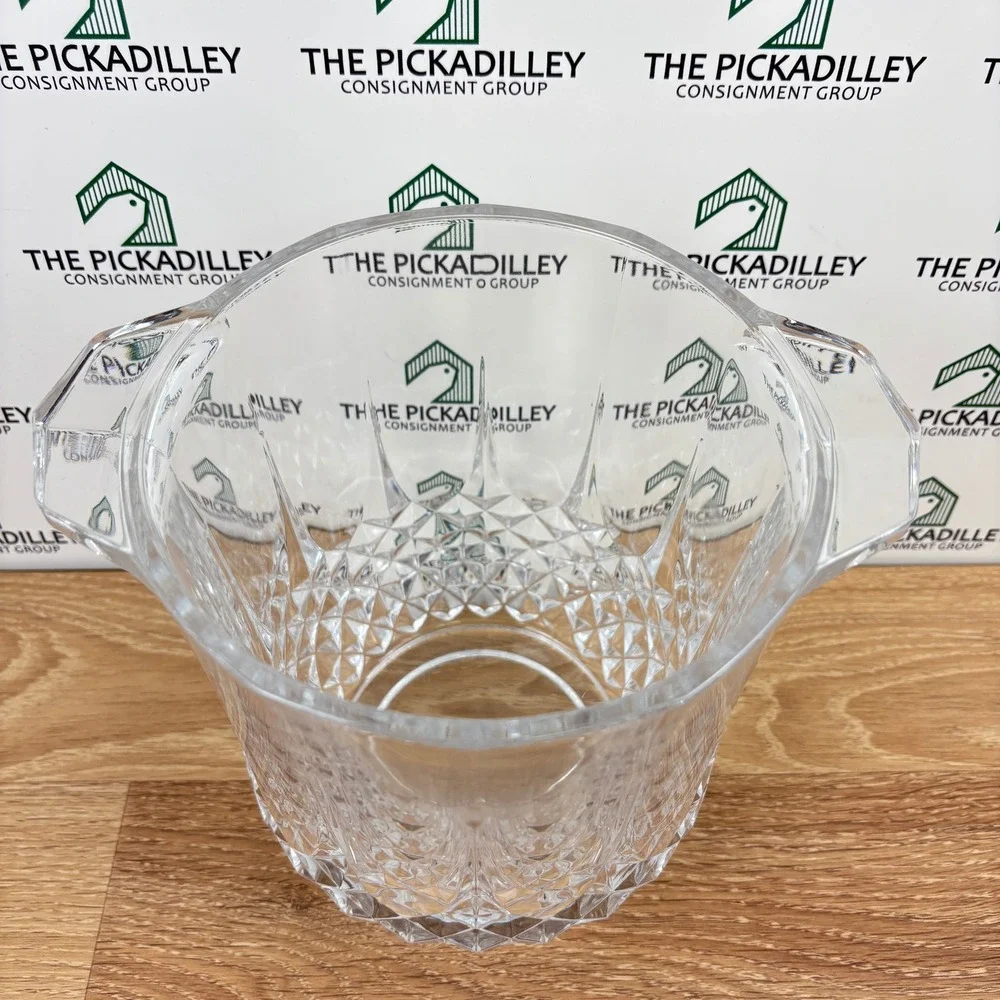 Vintage Cut Glass Ice Bucket Diamond Pattern Lug Handles 8